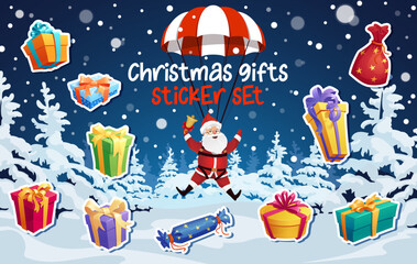Flying Santa character and Christmas gifts stickers pack on snowy winter forest background. Vector set of festive patches, festive holiday decorations. Santa Claus with bell descending with parachute
