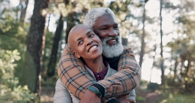 Hugging, love and senior black couple in nature on vacation, holiday or getaway together. Marriage, happy and elderly African man and woman embracing for bonding, care and commitment outdoor on trip.