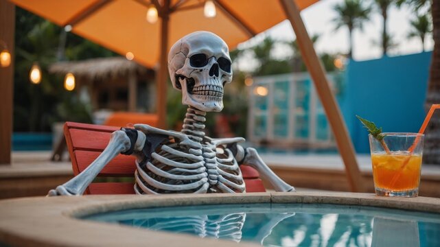 Chill skeleton with a drink pool cabana behind.