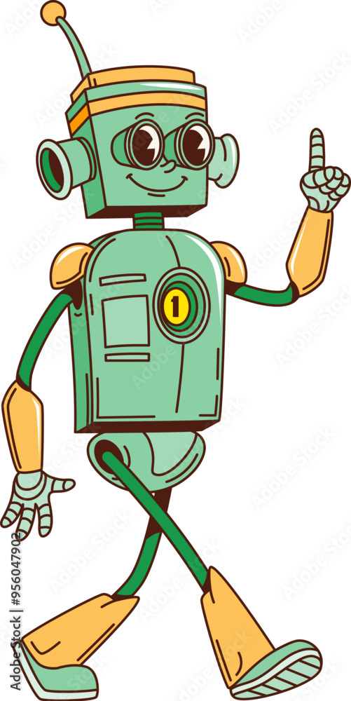 Poster cartoon retro groovy robot character in cartoon comic, vector robotic cyborg. groovy funky retro rob