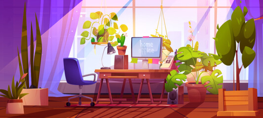 Home office workplace with green plants. Vector cartoon illustration of room interior with workspace by window, computer, lamp and calendar on table, armchair, flower pots, freelancer work space