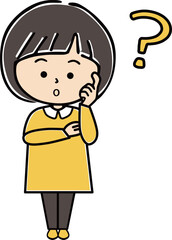 首を傾け、頬に手をあてて考える女の子