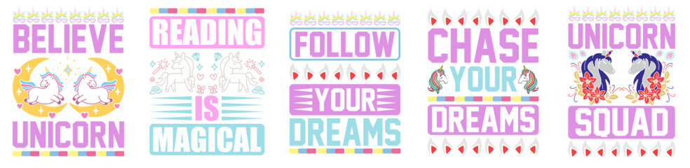 Creative Unicorn Tshirt Design Bundle Phrases, Calligraphic Lettering Set Vector Illustration for Motion Graphics, Printable, Announcement