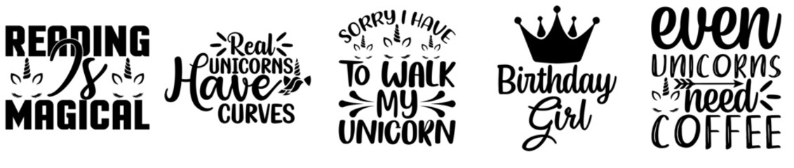 Simple Unicorn Designs Bundle Hand Lettering, Phrases Set Vector Illustration for Decal, Holiday Cards, Packaging