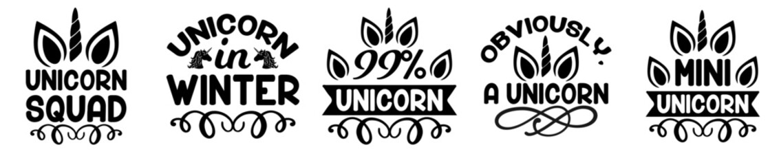 Obraz premium Cute Unicorn Design Bundle Typography, Phrases Set Vector Illustration for T-Shirt Design, Poster, Advertising