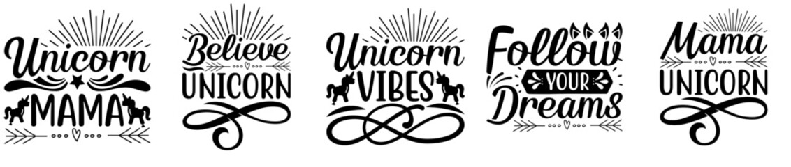 Simple Unicorn Design Bundle Inscriptions, Calligraphy Collection Vector Illustration for Greeting Card, Social Media Post, Presentation