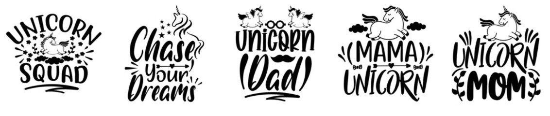 Elegant Unicorn Design Bundle Inscriptions, Typography Set Vector Illustration for Gift Card, Postcard, Advertisement