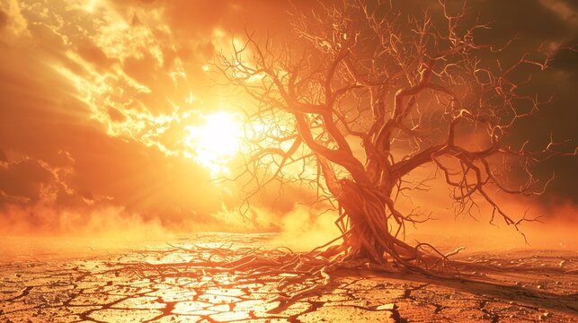 07231249 309. Close-up 3D view of a withered tree with twisted branches, surrounded by cracked ground and under a blazing sun, illustrating the consequences of prolonged heat