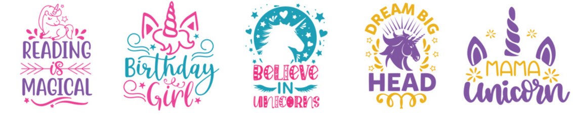 Minimalist Unicorn Bundle Typography, Quotes Set Vector Illustration for Wrapping Paper, Sticker, Label