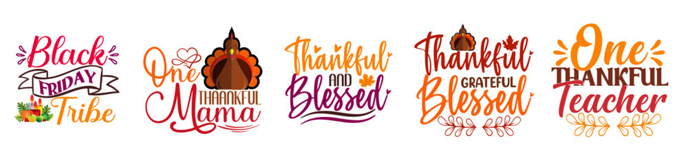 Decorative Thanksgiving Bundle Phrases, Typographic Emblems Bundle Vector Illustration for Poster, Greeting Card, Newsletter