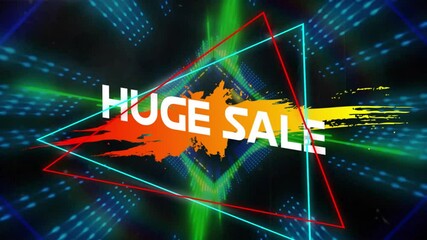 Huge Sale text animation over colorful geometric shapes and light patterns - Powered by Adobe