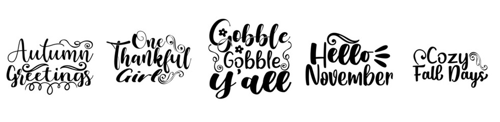 Creative Thanksgiving Quotes Bundle Typographic Emblems, Calligraphic Lettering Set Vector Illustration for Gift Card, Printable, Brochure