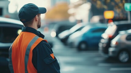 Fototapeta premium A Man Wearing a Safety Vest Looks Back in a Parking Lot