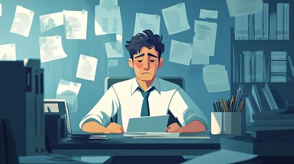 A Man Overwhelmed by Papers at His Desk