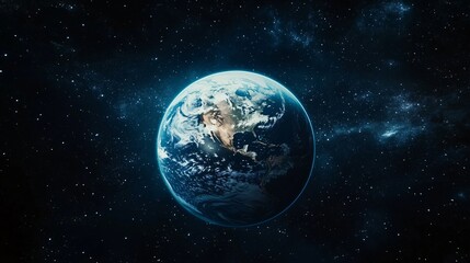 Planet Earth with a detailed view of continents surrounded by a starry galaxy background depicting space exploration and astronomy