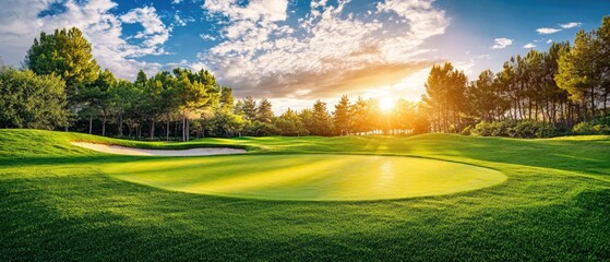 Naklejka premium Green grass and woods on a golf field