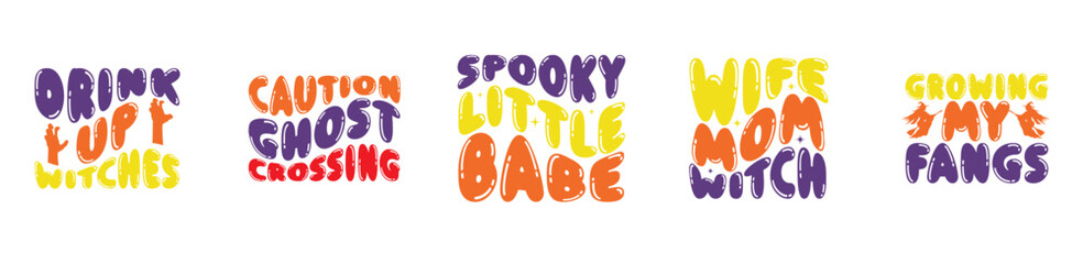 Colourful Retro Halloween Bundle Phrases, Calligraphy Set Vector Illustration for Vouchers, Book Cover, Printing Press