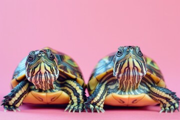 Two Baby Turtles Facing Each Other on Pink Background