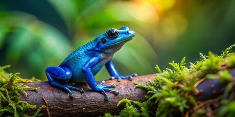 Obraz premium A beautiful small blue frog sitting on a tree branch next to a green plant in the forest