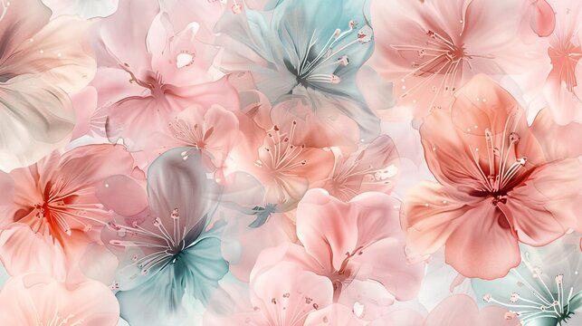 07231249 469. Elegant seamless pattern with watercolor flowers in pastel shades, suitable for beauty product packaging and various decorative applications, offering a serene and beautiful design