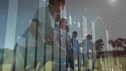 Financial data and stock market animation over women athletes on sports field - Powered by Adobe