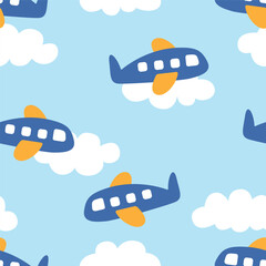Airplane flying in the sky seamless pattern design for background, wallpaper, textile design, fabric,  blanket, blanket for kids, card, wrapping paper, notebook, diary cover, decoration and etc.
