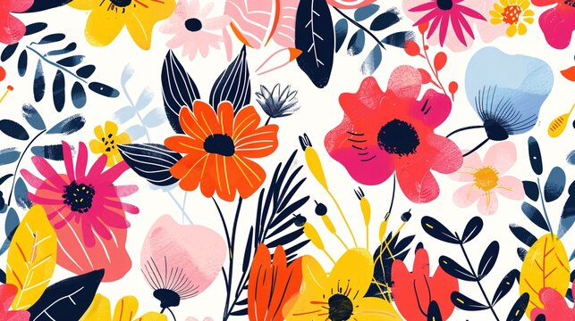 07231249 474. Top-down view of abstract floral elements in a spring theme, illustrated in a flat vector style with bright and cheerful colors on a white background