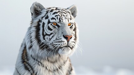 Obraz premium A powerful tiger with striking white fur and distinctive stripes stares intensely at the viewer. The wild cats majestic presence is captured in this black and white