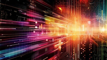 Abstract digital data flow with glowing lines and circuit board design.