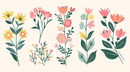 07231249 485. Flat style vector illustration of floral elements, featuring hand-drawn spring and summer flowers for wedding concepts, ideal for creating invitations, posters, and cards