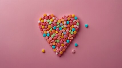 Colorful candies heart shape on pink background.