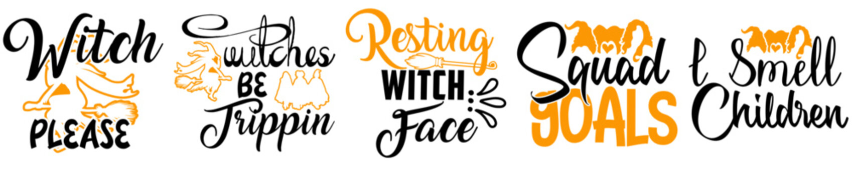 Minimalist Hocus Pocus Bundle Typography, Hand Lettering Set Vector Illustration for Stationery, Newsletter, Holiday Cards