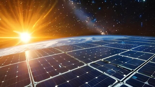 A view of solar panels in space with the sun rising in the background.