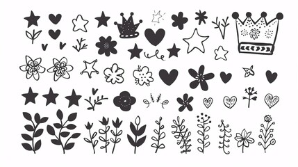 07231249 494. Childish girly style doodles in a set of hand-drawn charcoal shapes and squiggles, including crowns, stars, flowers, and hearts, isolated on a clean white background