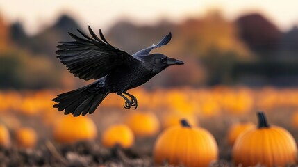Fototapeta premium A crow flying over a pumpkin field at dusk, crow, pumpkin field, dusk