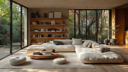 Fototapeta premium Modern Scandinavian living room, open shelving as a focal point, light wood shelves holding books and simple decorative objects, neutral color palette, large windows providing natural light,