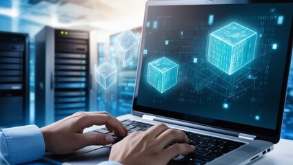 photograph of hands working on a laptop, enhanced with floating 3D data grids and binary code