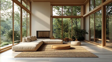 Modern Scandinavian living room with a minimalist fireplace, sleek and elegant design, neutral tones, light wood elements, large windows allowing sunlight, warm and inviting space,