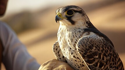 A close-up of a falcon, the national bird of the UAE, perched on a handler arm in the desert.