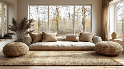 Modern Scandinavian living room with textured accents, soft wool rug, linen cushions, and a knit throw, neutral tones, light wood flooring, minimalist décor, natural light enhancing the textures,