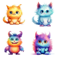 Fototapeta premium Four Colorful Furry Creatures with Big Eyes