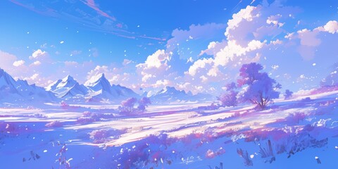 Serene Tibetan Plateau: Anime-Style Illustration of Snow-Capped Mountains. Soothing Landscape for Home Decor, NFT Art, and Cultural Marketing. Versatile Design for Wallpapers, Apparel, and Promoting D