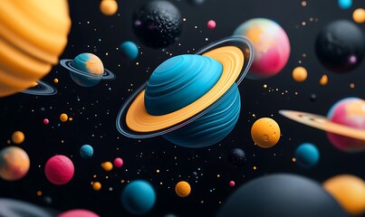 3D render of colorful spheres and planets floating in space, dark background, surreal abstract composition, vector illustration, detailed, hyper-realistic.