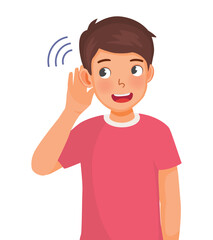 Young man putting hand near ear listen to news gossip