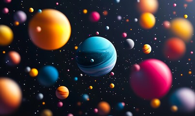 3D render of colorful spheres and planets floating in space, dark background, surreal abstract composition, vector illustration, detailed, hyper-realistic.