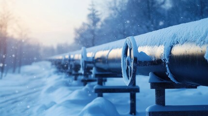 A close-up of a natural gas pipeline network running through a snowy landscape