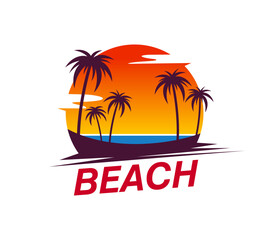Summer tropical sunrise, palm trees and island beach icon with blue sea, vivid dusk sky and tranquil exotic landscape. Isolated vector emblem of paradise, travel, tourism, vacation, holiday and resort