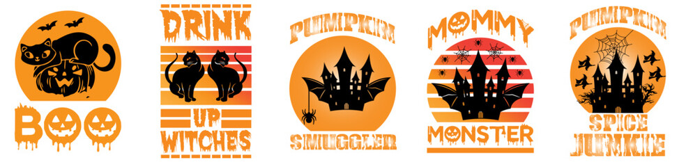Modern Halloween Tshirt Design Bundle Phrases, Quotes Set Vector Illustration for Poster, Mug Design, Presentation