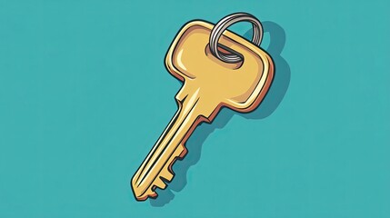 Golden Key with Ring on Turquoise Background