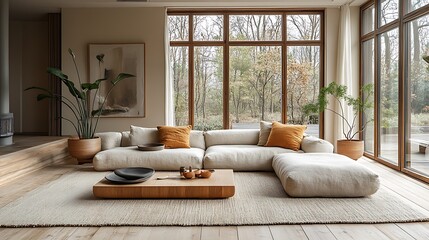 Scandinavian living room with simple line furniture, minimalist sofa with clean lines, light wood coffee table, neutral color palette, large windows allowing natural light, uncluttered and airy space,